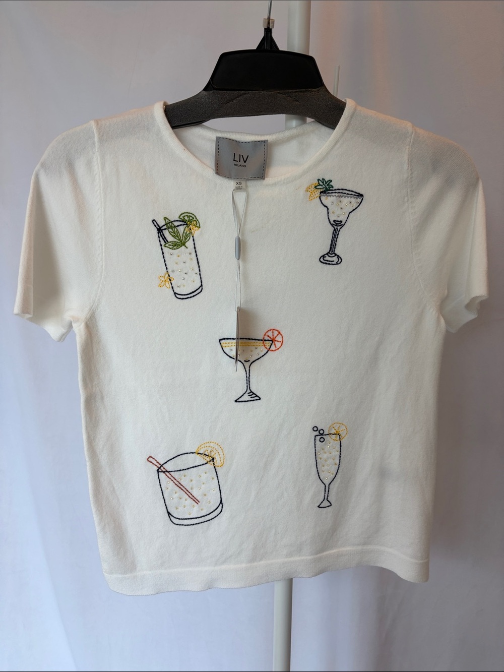 Liv Milano Egg-Shell Short-Sleeve Cocktail Knit Embroidered Tee